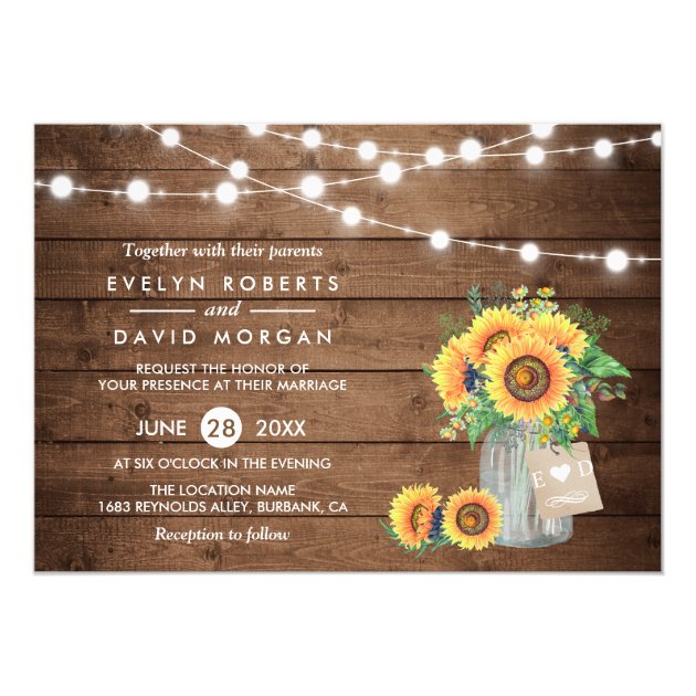 Rustic Country Barn Lights Sunflowers Wedding Card