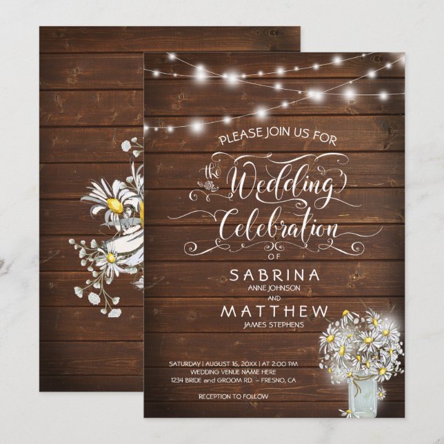 Rustic Country Barn Mason Jar Daisy BarefootBride™ Invitation (Front/Back)