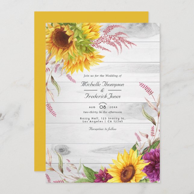 Rustic Country Barn QR Code RSVP Sunflower Wedding Invitation (Front/Back)