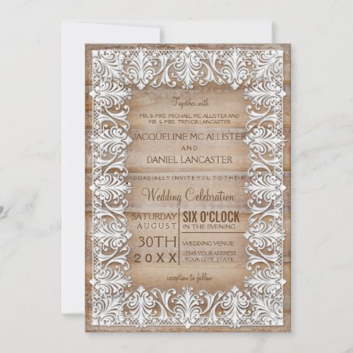 Rustic Country Barn Style Lace n Wood Wedding Invitation