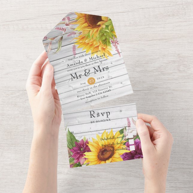 Rustic Country Barn Sunflower Wedding All In One I Invitation (Tearaway)