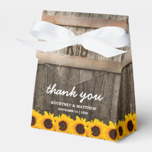 Rustic Country Barn Sunflower Wedding Favor Box - Country wedding favor boxes featuring a rustic wood barrel background, bright yellow sunflowers, your monogram and an elegant editable wedding favor template. You will find matching wedding items further down the page, if however you can't find what you looking for please contact me.
