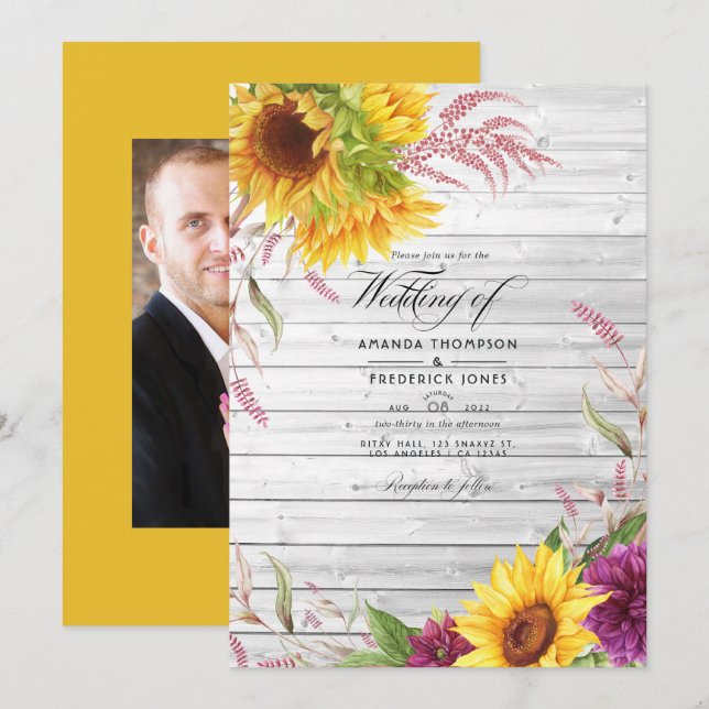 Rustic Country Barn Sunflower Wedding Photo Invitation (Front/Back)