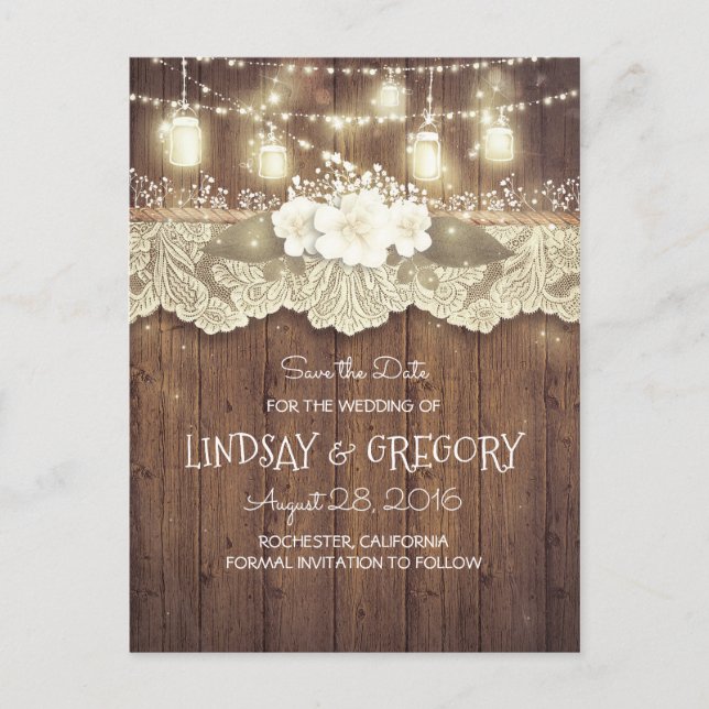 rustic country barn wedding save the date announcement postcard (Front)