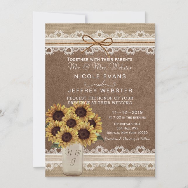 Rustic Country Barn Wedding Sunflower Mason Card (Front)