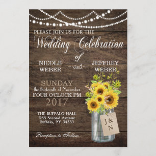Rustic Country Barn Wedding Sunflower Mason Jar Invitation