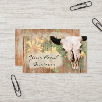 Rustic Country Barn Western Bull Skull Sunflowers Business Card by MargSeregelyiPhoto at Zazzle