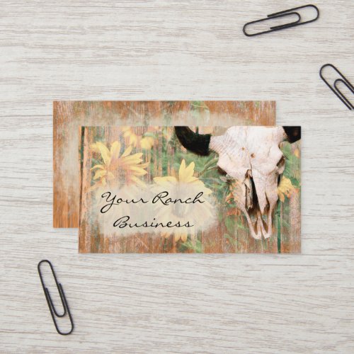 Rustic Country Barn Western Bull Skull Sunflowers Business Card