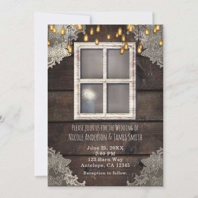 Rustic Country Barn Window Lights Lace Invitations (Front)