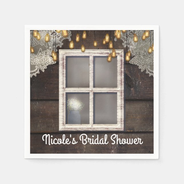 Rustic Country Barn Window Lights Lace Wedding Napkins (Front)
