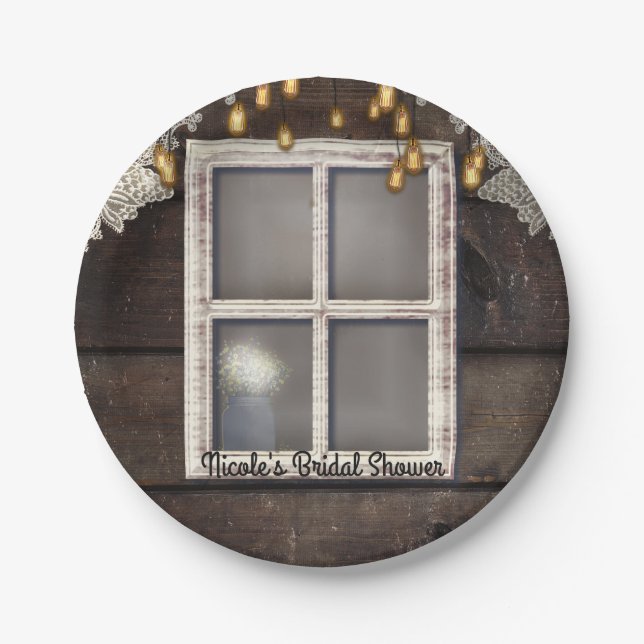 Rustic Country Barn Window Lights Lace Wedding Paper Plates (Front)