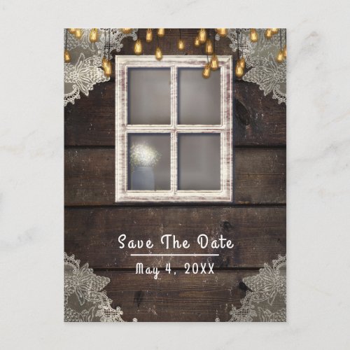 Rustic Country Barn Window Lights Save The Date Announcement Postcard