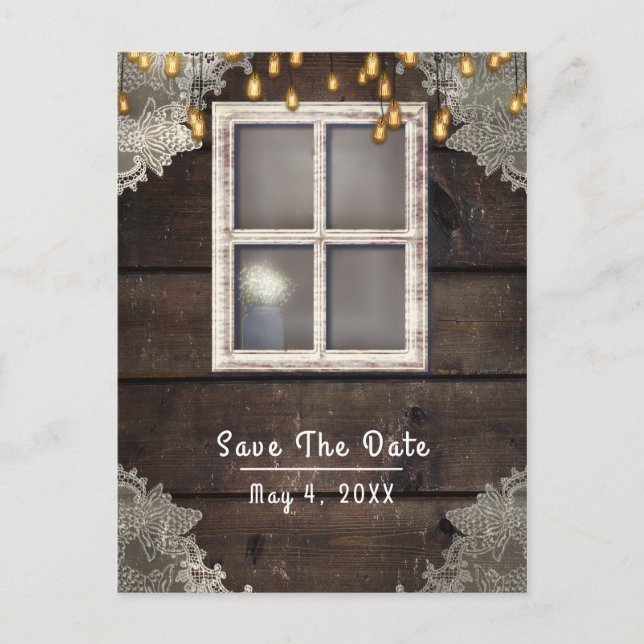 Rustic Country Barn Window Lights Save The Date Announcement Postcard (Front)