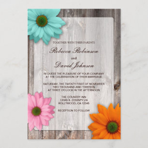 Rustic Country Barn with Colorful Daisies Wedding Invitation