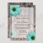 Rustic Country Barn with Teal Blue Daisies Wedding Invitation (Front/Back)