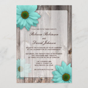 Rustic Country Barn with Teal Blue Daisies Wedding Invitation