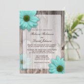 Rustic Country Barn with Teal Blue Daisies Wedding Invitation (Standing Front)
