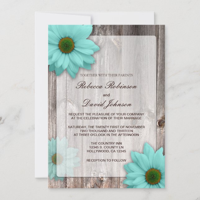 Rustic Country Barn with Teal Blue Daisies Wedding Invitation (Front)