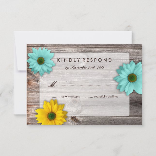 Rustic Country Barn with Yellow & Teal Daisy RSVP (Front)