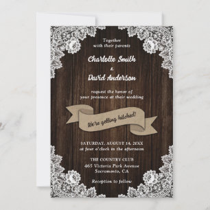 Rustic Country Barn Wood Burlap Heart Lace Wedding Invitation