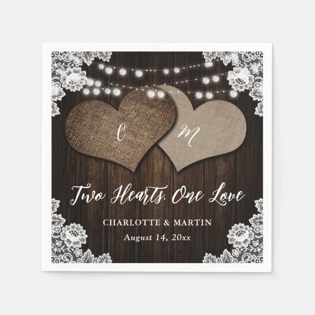 Rustic Country Barn Wood Burlap Lace Wedding Napkins (Front)