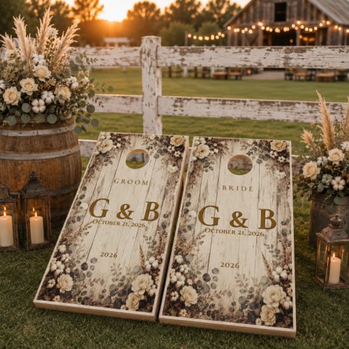 Rustic Country Barn Wood Custom Monogram Wedding Cornhole Set