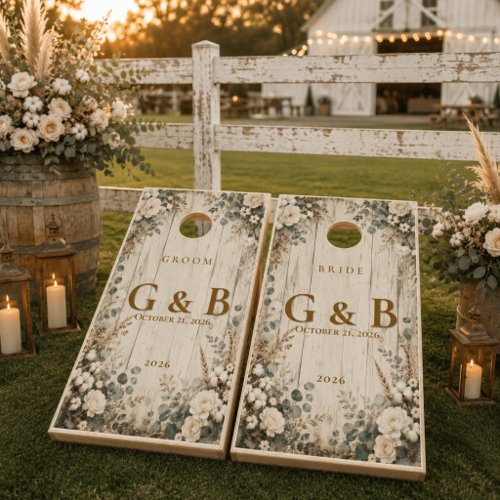 Rustic Country Barn Wood Custom Monogram Wedding Cornhole Set