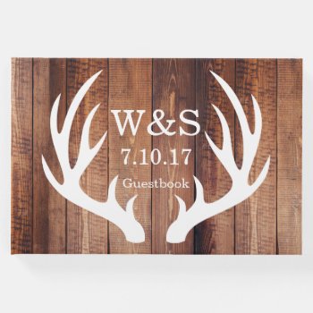 Rustic Country Barn Wood Deer Antlers & Initials Guest Book by GrudaHomeDecor at Zazzle