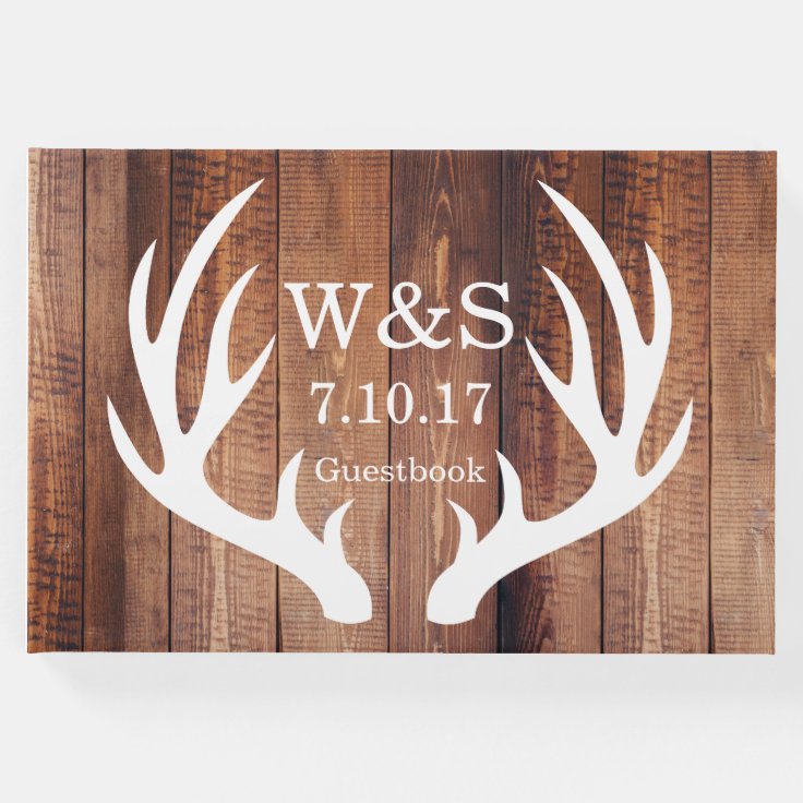 Rustic Country Barn Wood Deer Antlers & Initials Guest Book Zazzle