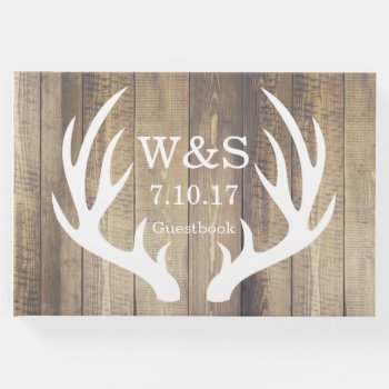 Rustic Country Barn Wood Deer Antlers & Initials Guest Book by GrudaHomeDecor at Zazzle