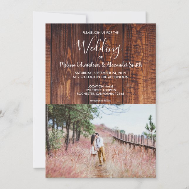 Rustic country barn wood elegant photo wedding invitation (Front)