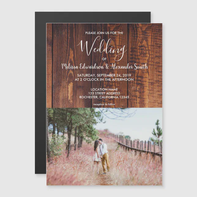 Rustic country barn wood elegant photo wedding magnetic invitation | Zazzle