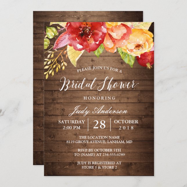 Rustic Country Barn Wood Floral Fall Bridal Shower Invitation (Front/Back)
