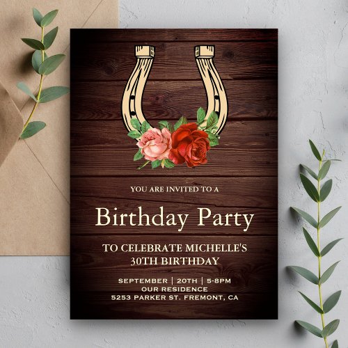 Rustic Country Barn Wood Floral Horseshoe Birthday Invitation