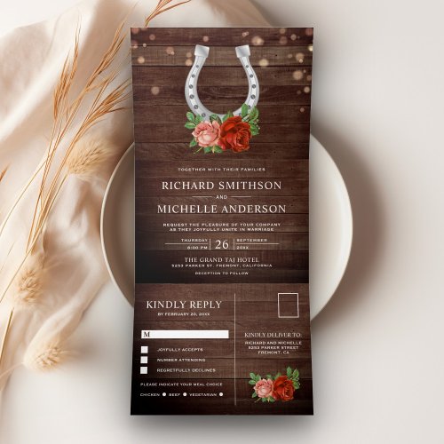 Rustic Country Barn Wood Floral Horseshoe Wedding Tri_Fold Invitation