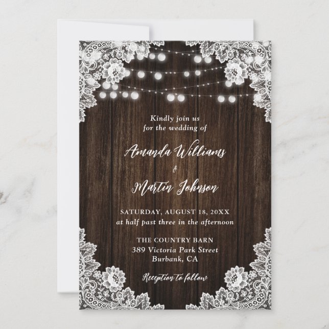 Rustic Country Barn Wood Floral Lace Wedding Invitation (Front)
