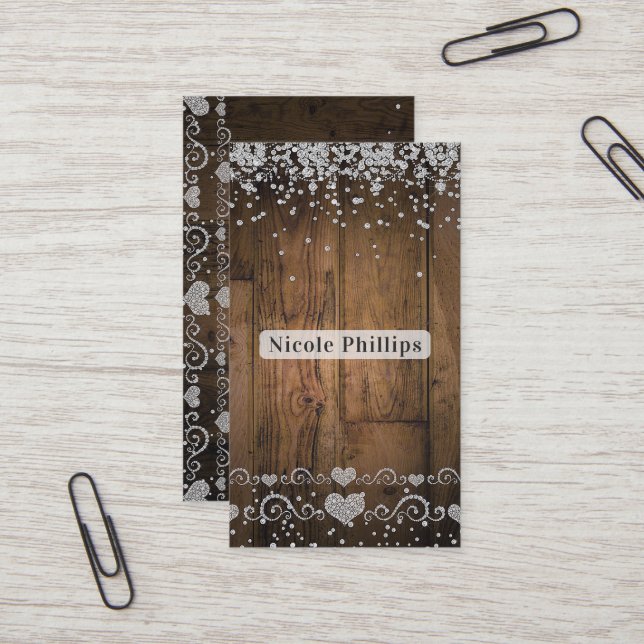 Rustic Country Barn Wood Glam Diamonds Sparkle Business Card (Front/Back In Situ)