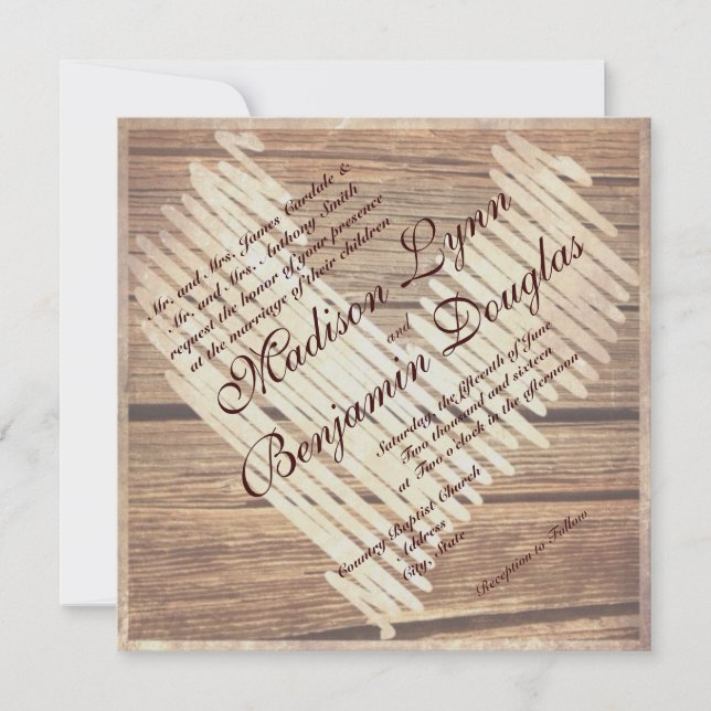 Rustic Country Barn Wood Heart Wedding Invitations (Front)