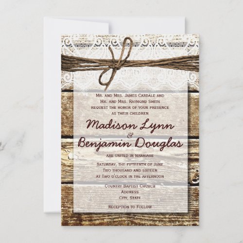 Rustic Country Barn Wood Lace Wedding Invitations
