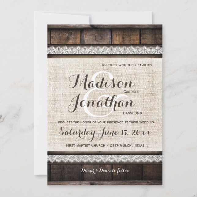 Rustic Country Barn Wood Lace Wedding Invitations (Front)