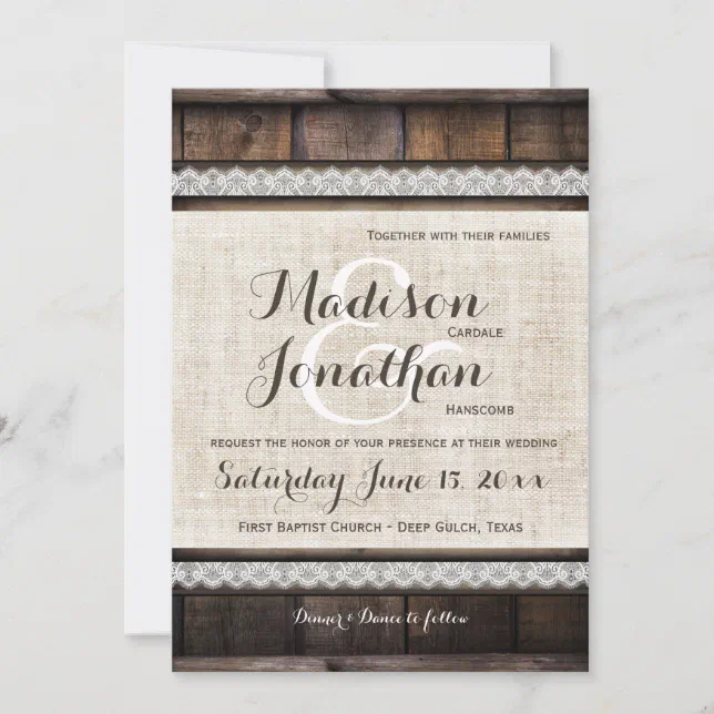 Rustic Country Barn Wood Lace Wedding Invitations | Zazzle