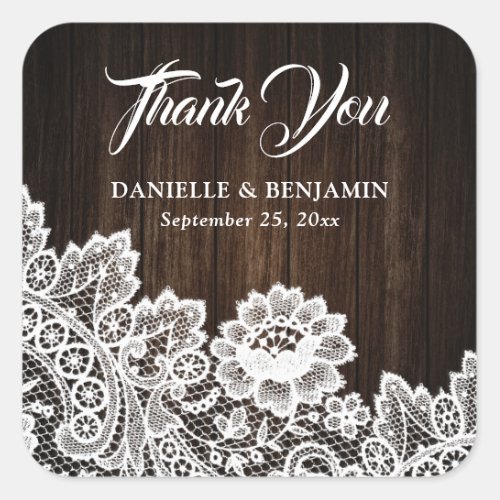 Rustic Country Barn Wood Lace Wedding Thank You Square Sticker