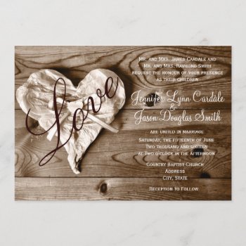 Rustic Country Barn Wood Love Heart Wedding Invite by CustomWeddingSets at Zazzle