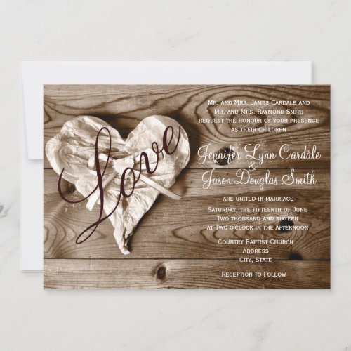 Rustic Country Barn Wood Love Heart Wedding Invite