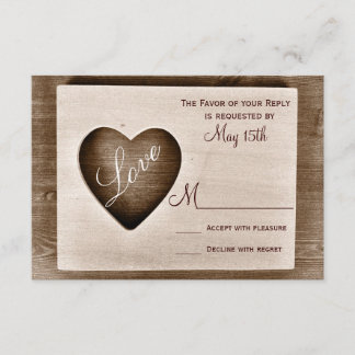 Rustic Country Barn Wood Love Heart Wedding RSVP Card