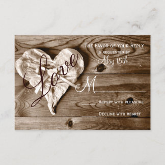 Rustic Country Barn Wood Love Heart Wedding RSVP Card
