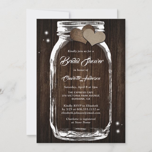 Rustic Country Barn Wood Mason Jar Bridal Shower Invitation (Front)