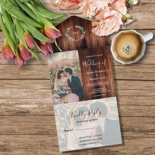 Rustic country barn wood monogram photo Wedding All In One Invitation
