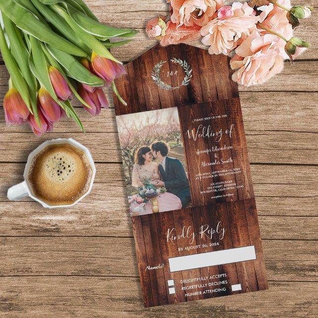 Rustic country barn wood monogram photo Wedding All In One Invitation (Rustic barn wood, monogrammed, photo all in one country Wedding invitation.)
