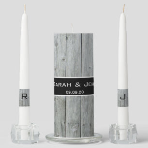 Rustic Country Barn Wood Monogram Wedding Black Unity Candle Set